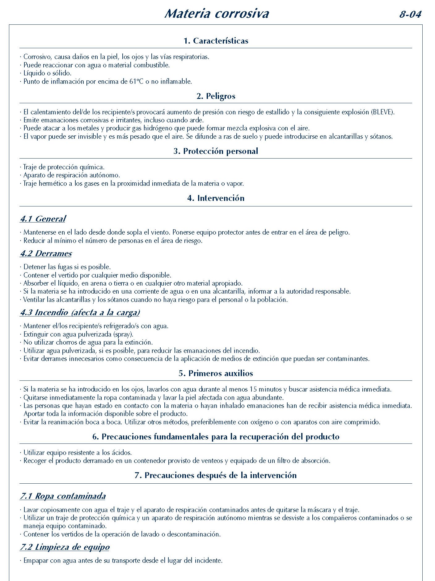 303 FICHA 8-04 MATERIA CORROSIVA FICHAS EMERGENCIA